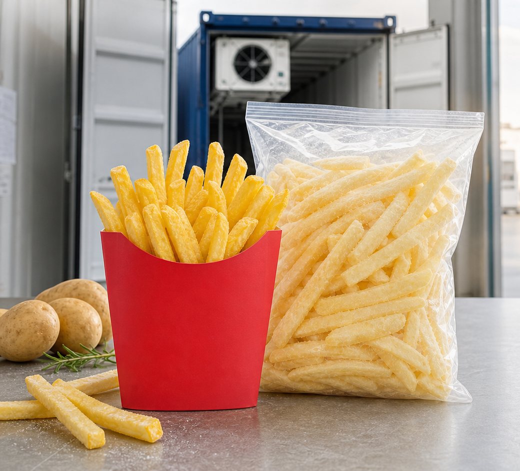 Golden frozen French fries ready for foodservice